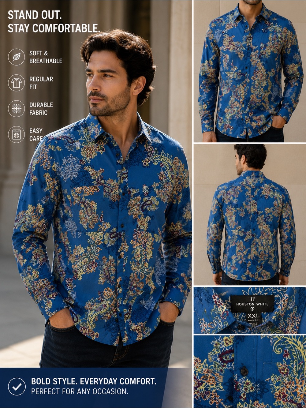 Houston White Men’s Blue Floral Long-Sleeve Shirt XXL